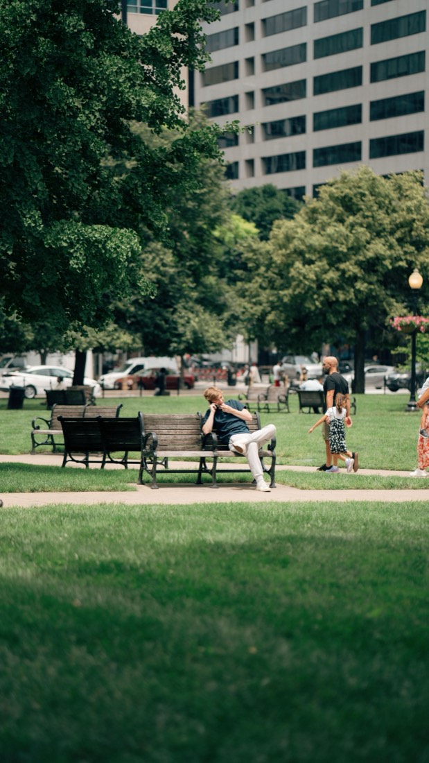 Someone checking their phone on a park bench